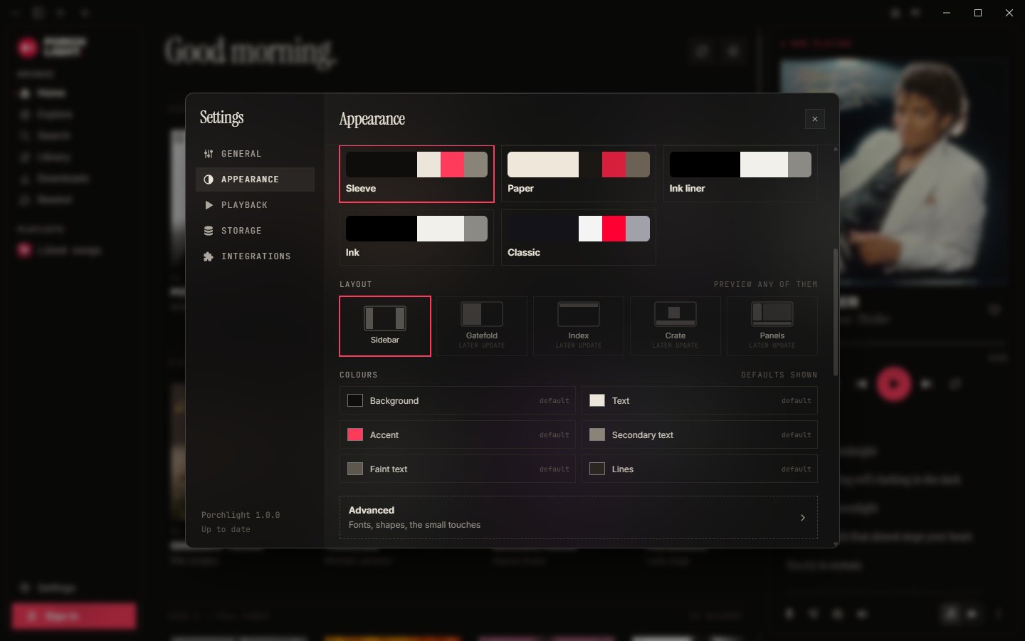 Settings, Appearance: choose a look, then edit colours, fonts and shapes