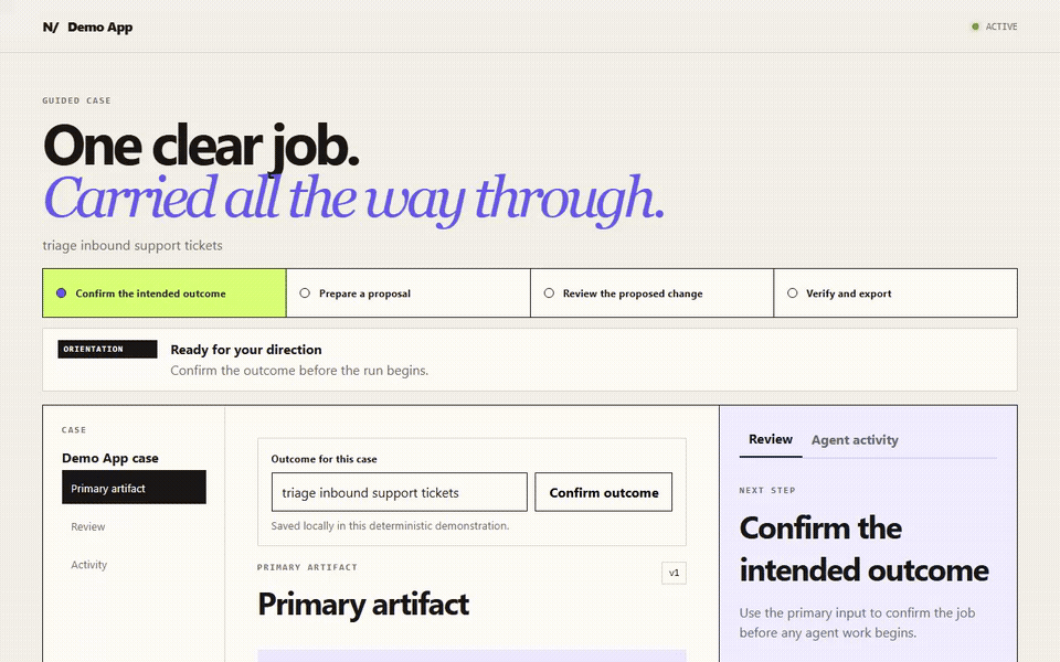 The created app's own web surface (npm run dev), recorded headless: the guided case for 'triage inbound support tickets' walks confirm outcome, prepare proposal, approve the bounded change, and ends on Completion verified with a content-addressed receipt