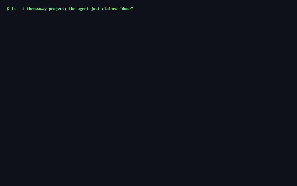 node dist/cli.js init then gate in a throwaway project: the gate FAILS (exit 1) while add() is wrong, and PASSES (exit 0) only after the one-line fix