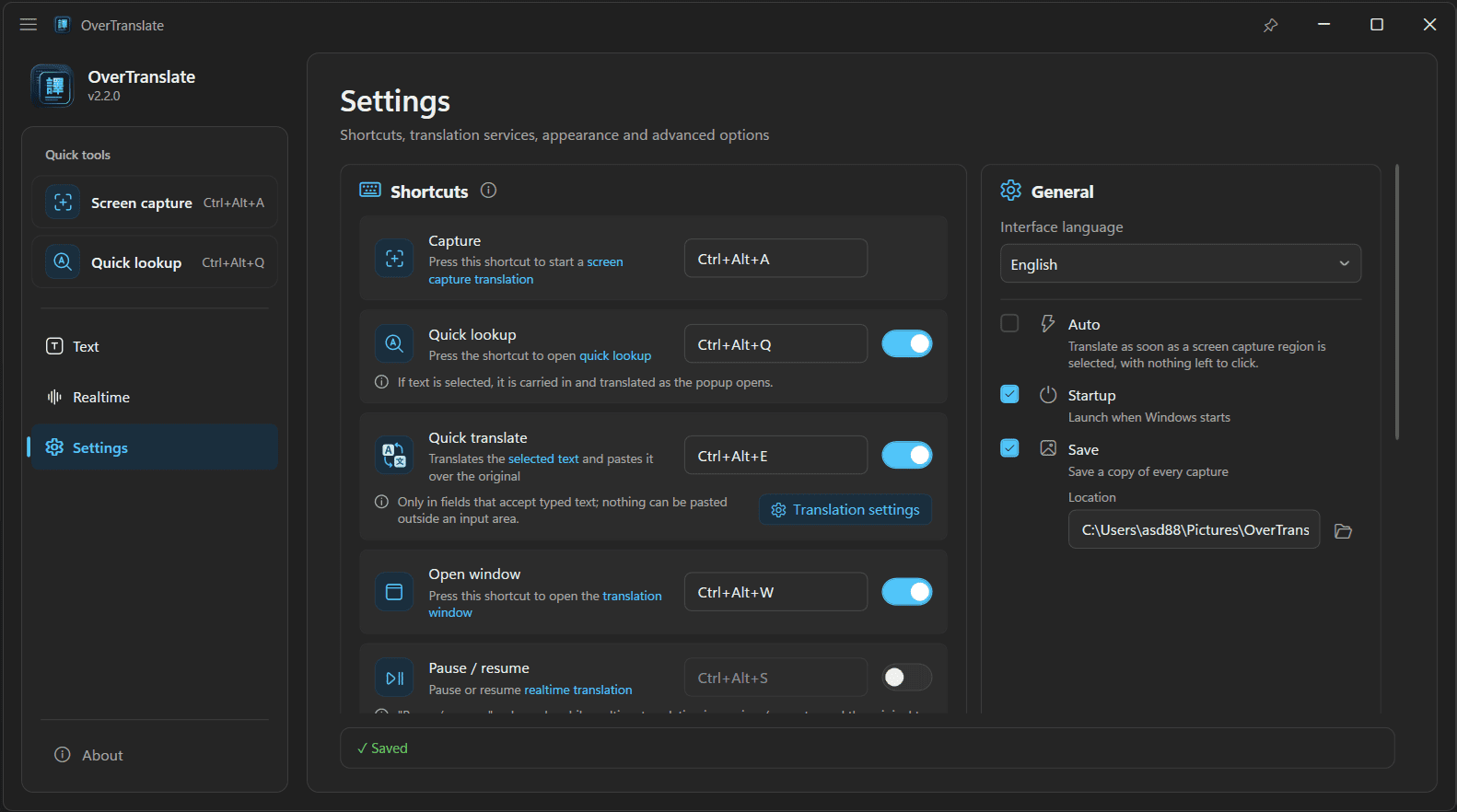 Settings page