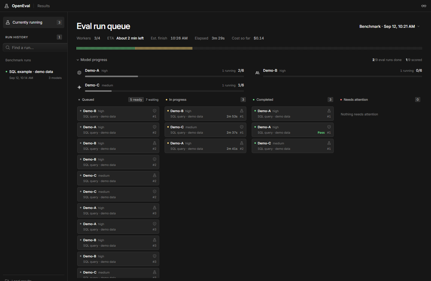Live queue with separate execution and judging stages
