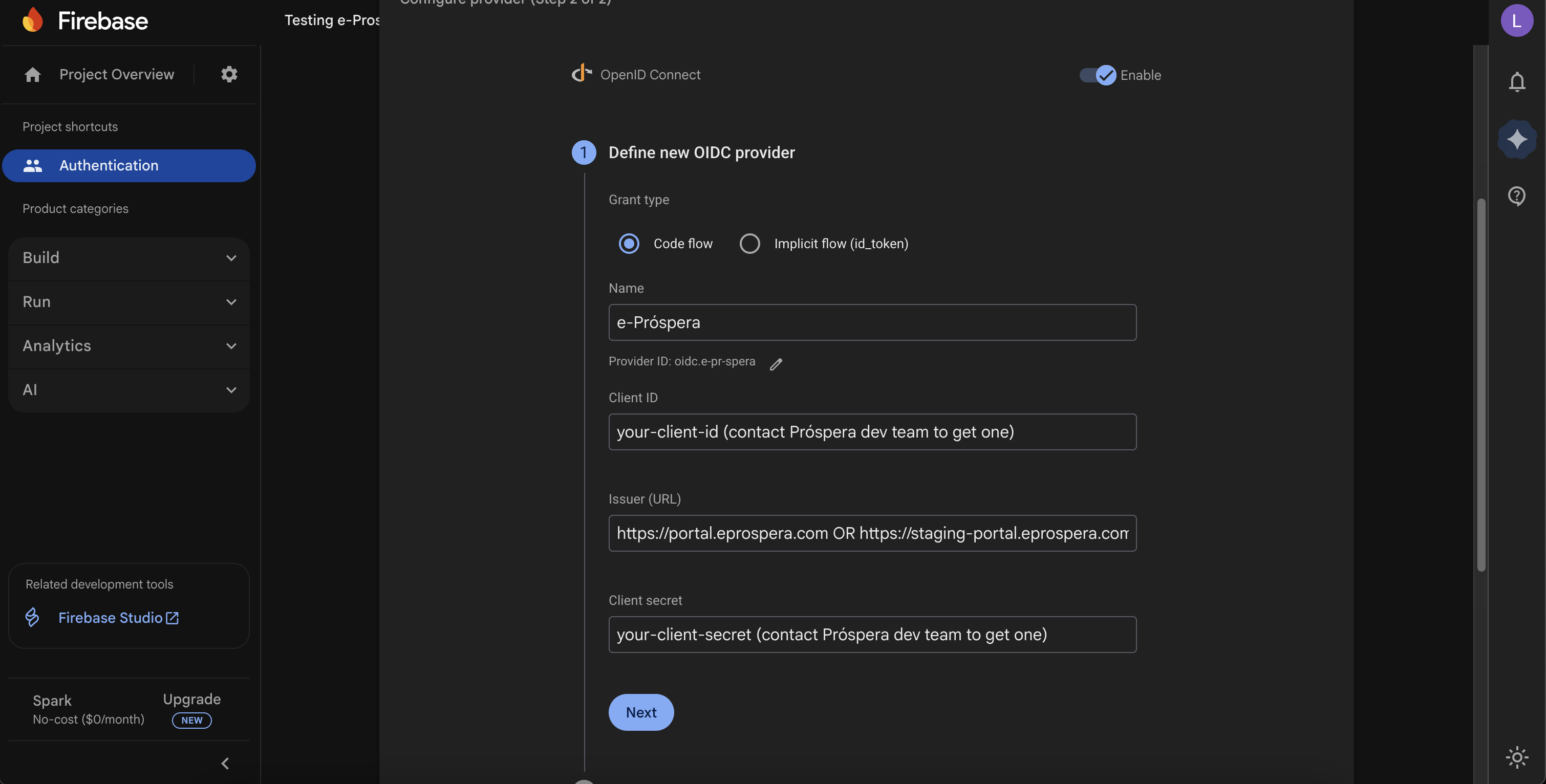 Firebase project creation