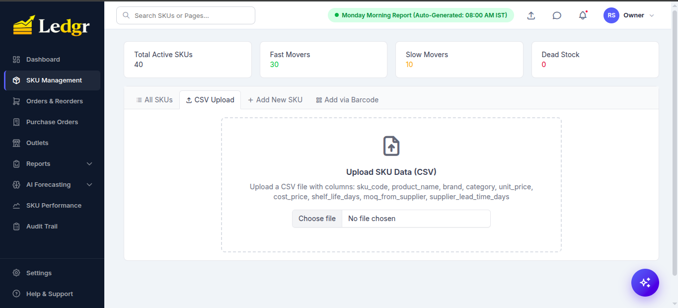 SKU Management CSV Upload tab with a drag-and-drop file picker accepting columns sku_code, product_name, brand, category, unit_price, cost_price, shelf_life_days, moq_from_supplier, supplier_lead_time_days