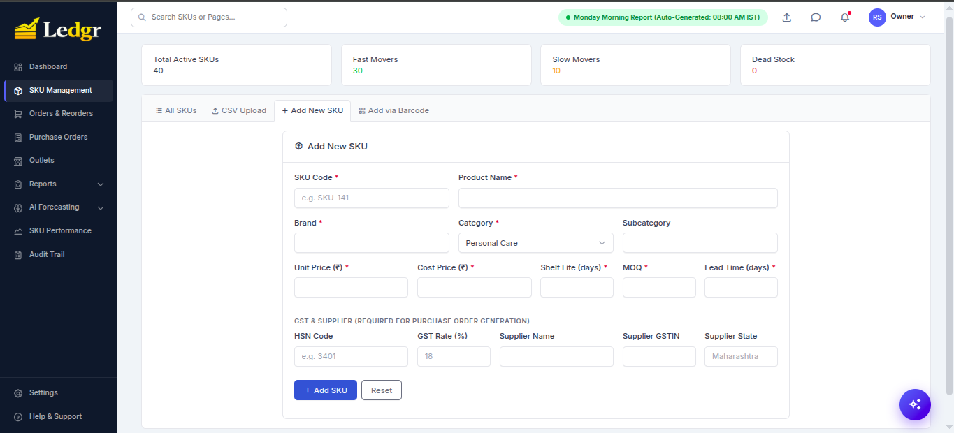 Add New SKU form with fields for SKU code, product name, brand, category, unit/cost price, shelf life, MOQ, lead time, HSN code, GST rate, supplier name, supplier GSTIN, supplier state