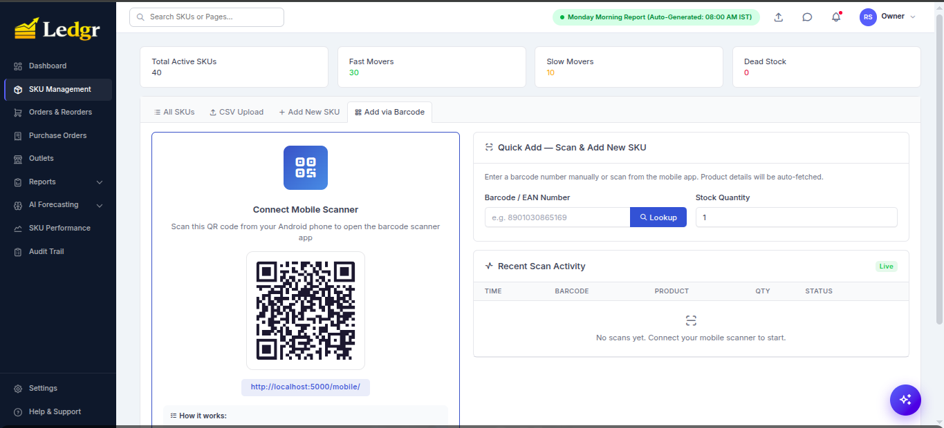 Add via Barcode tab showing a QR code to pair the mobile scanner app along with manual barcode/EAN lookup field and recent scan activity panel