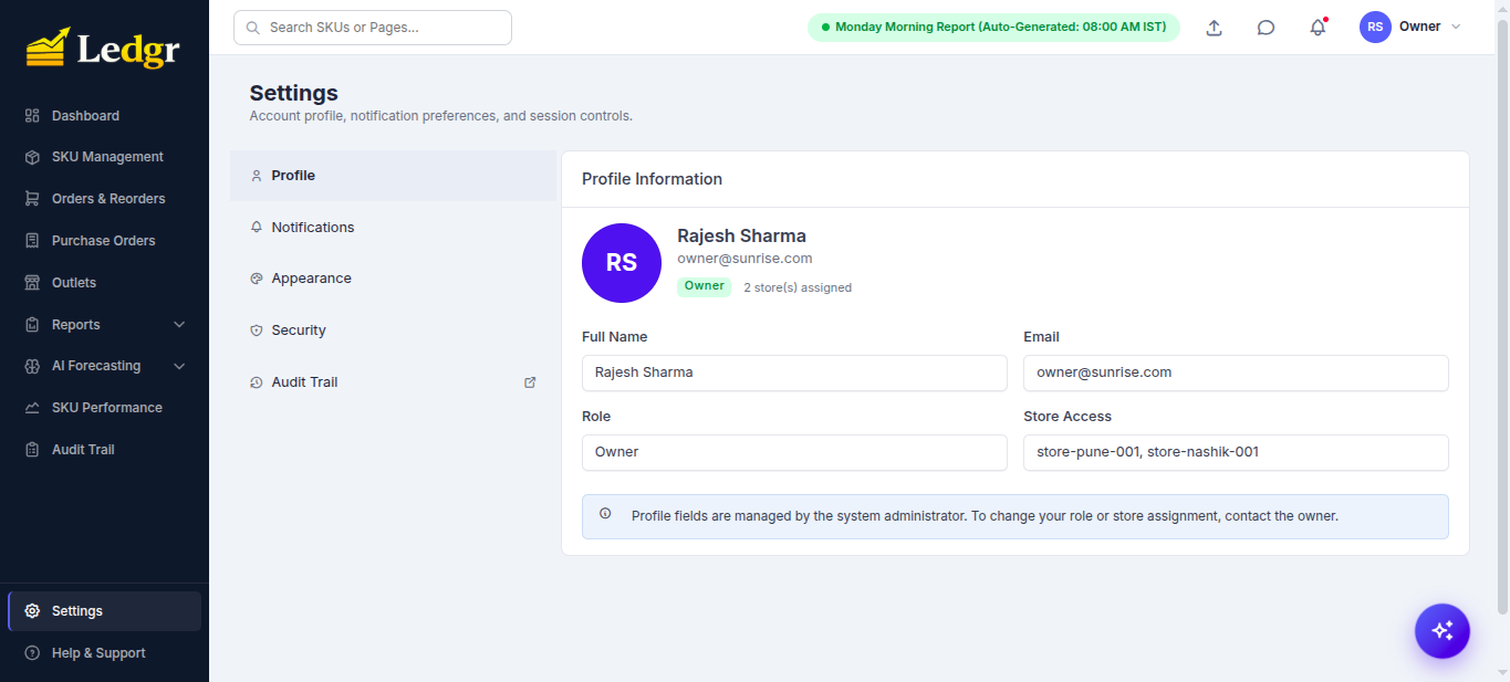 Settings → Profile page showing Rajesh Sharma, owner@sunrise.com, Owner role, 2 stores assigned (store-pune-001, store-nashik-001) with sidebar tabs for Profile, Notifications, Appearance, Security, Audit Trail