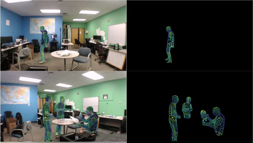 RF-Pose research: 3D human body meshes reconstructed purely from radio signals, shown beside the camera scene they were inferred from