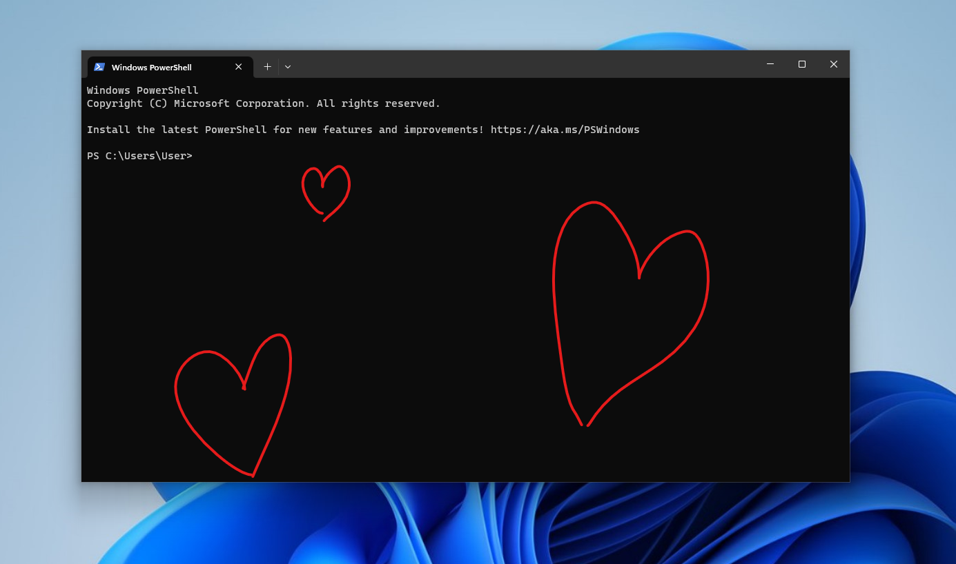 windows terminal in windows 11 with poorly drawn red hearts