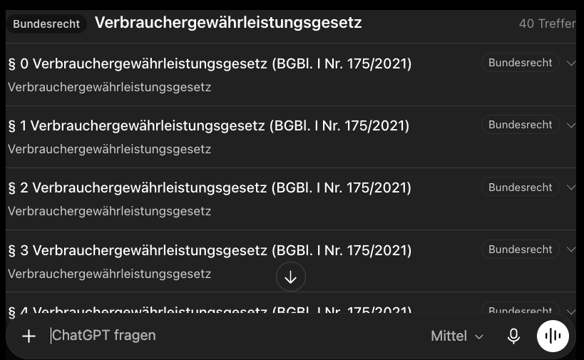 The same RIS widget running inside ChatGPT: the result list for 'Verbrauchergewährleistungsgesetz' with 40 hits and its first sections, above ChatGPT's own composer with the placeholder 'ChatGPT fragen'.