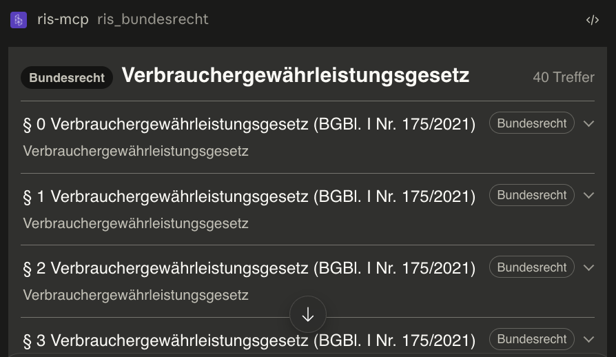 The RIS widget running inside Claude: a connector row reading 'ris-mcp / ris_bundesrecht', below it the result list for 'Verbrauchergewährleistungsgesetz' with 40 hits and its first sections, each tagged 'Bundesrecht'.