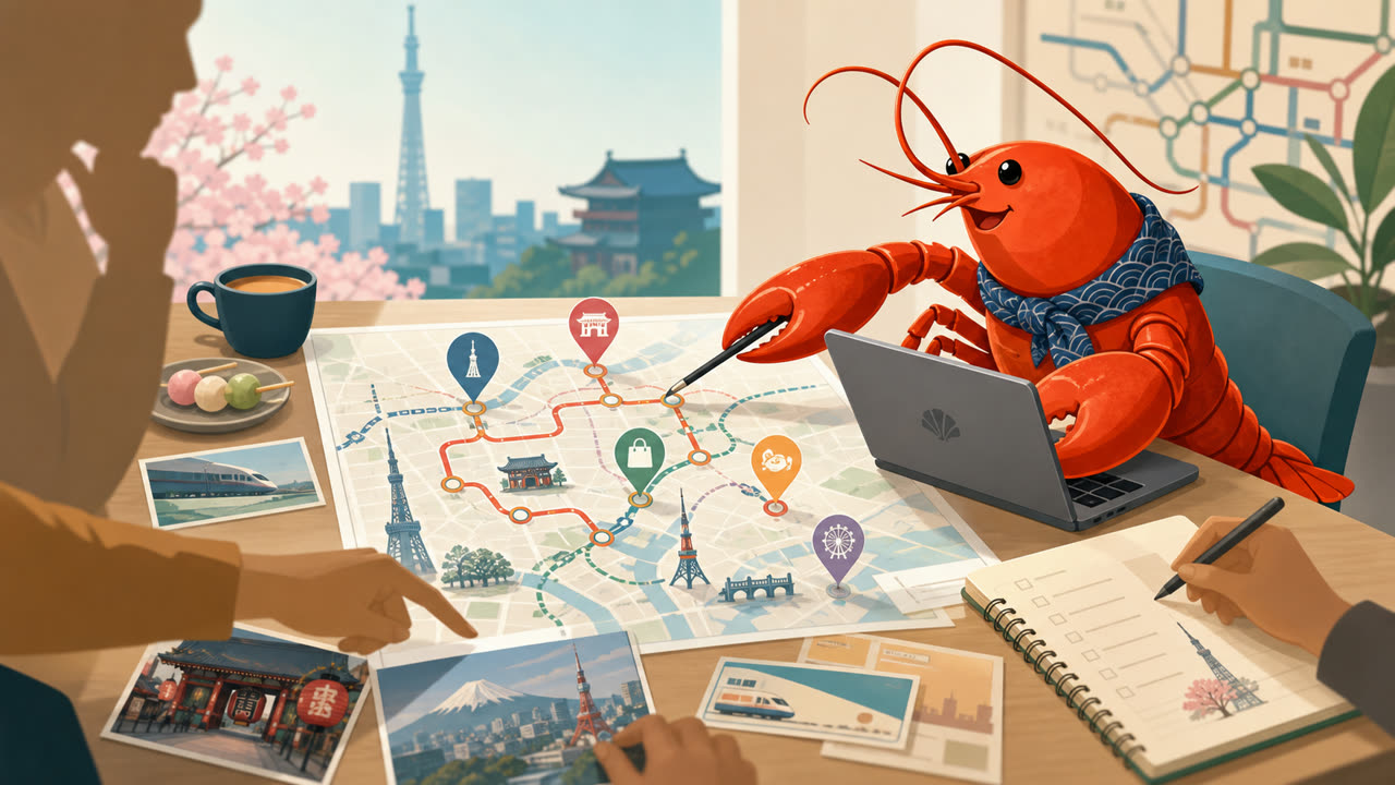 AI 龍蝦家庭管家與家人一起在東京地圖上規劃自由行