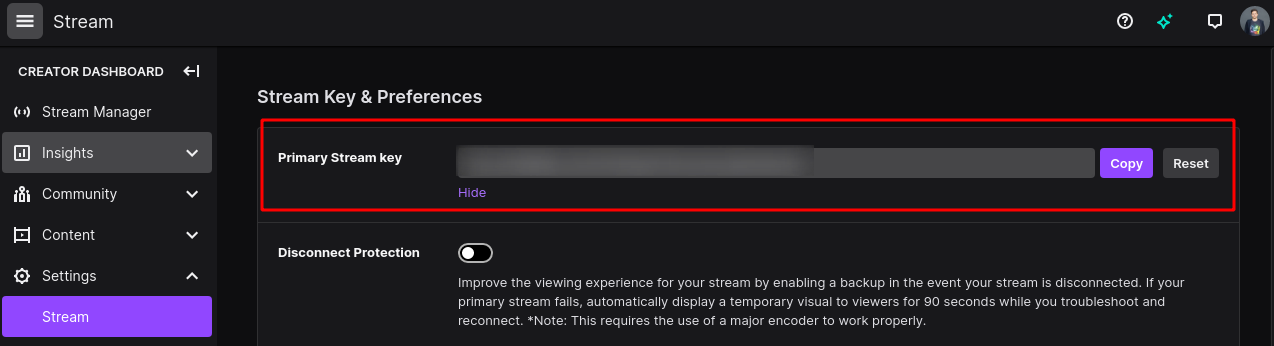 Primary Stream Key in the Twitch Dashboard
