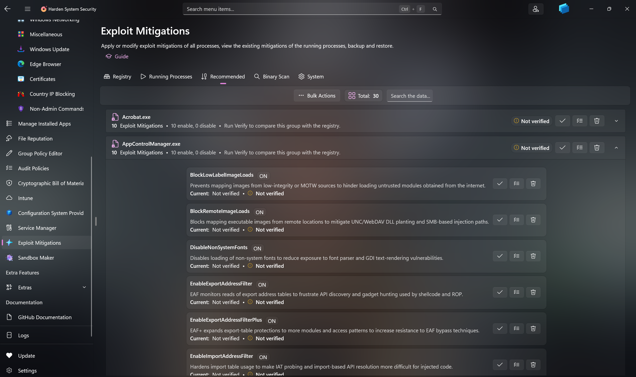 Exploit Mitigations in Harden System Security app