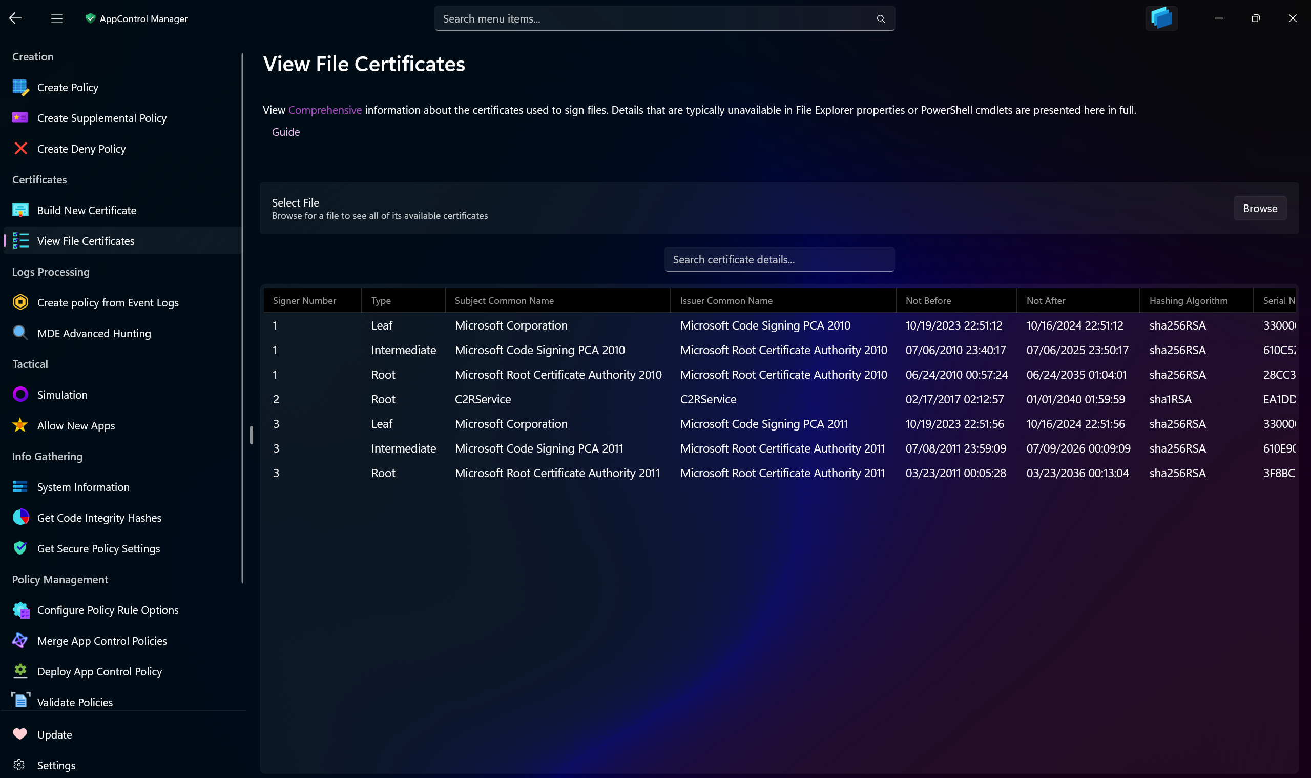 AppControl Manager Application's View File Certificates Page