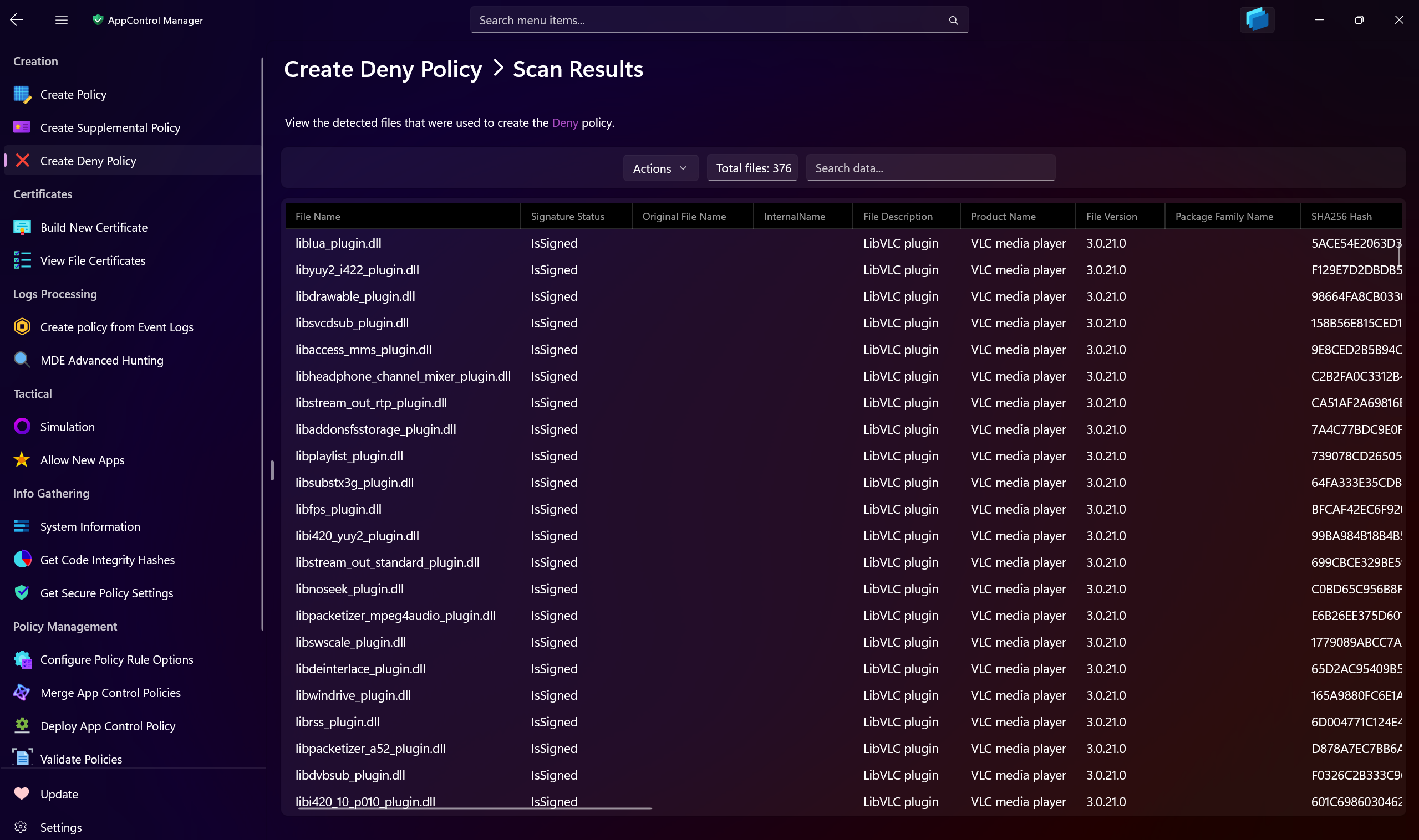 Files and Folders deny policy section scan results