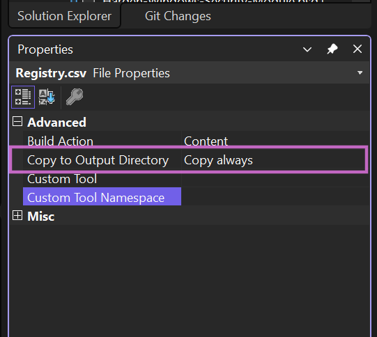 Visual Studio file properties