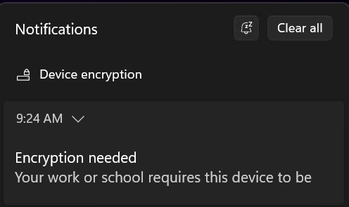 Intune encrolled device Bitlocker notification for encryption