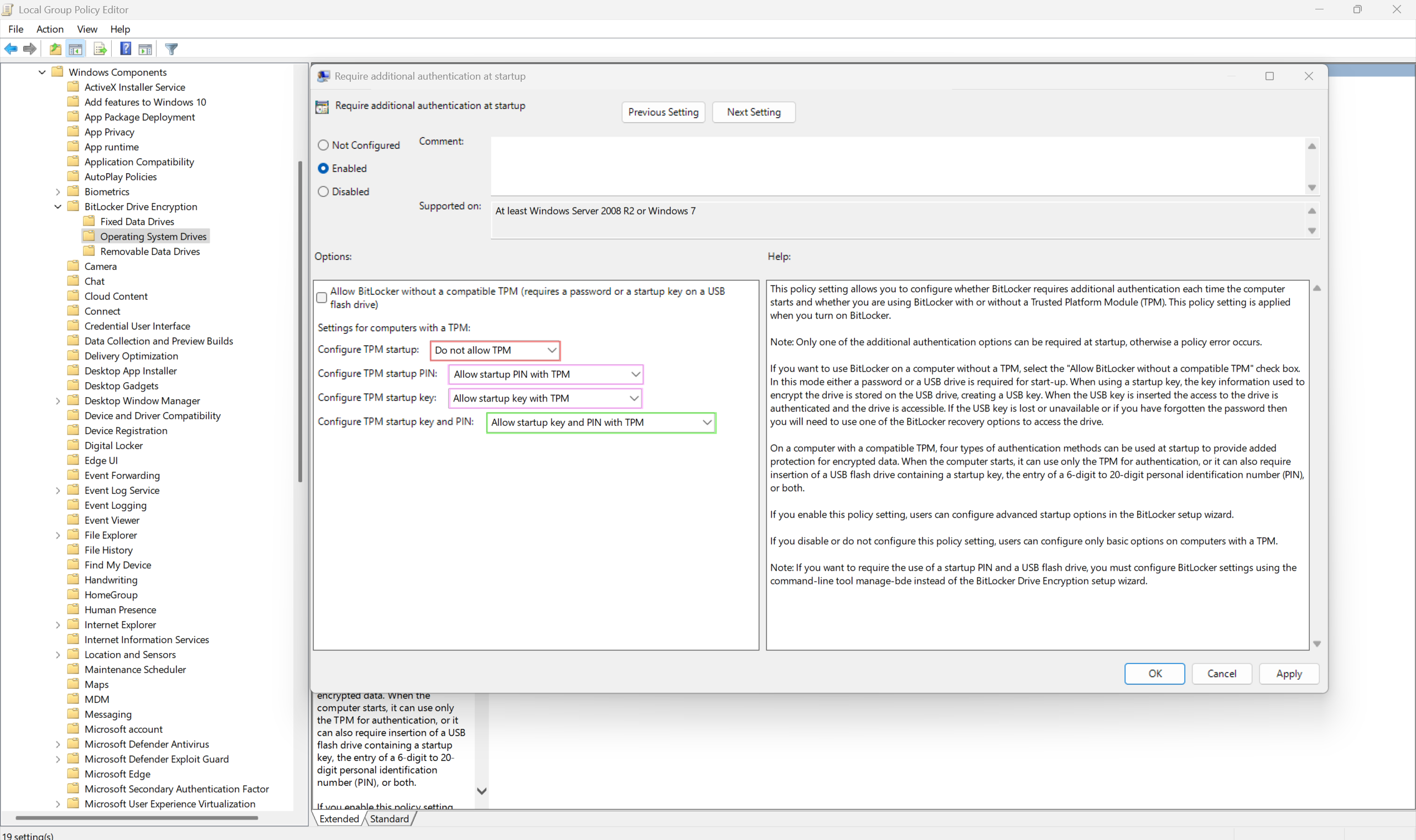 Secure BitLocker key protectors group policy