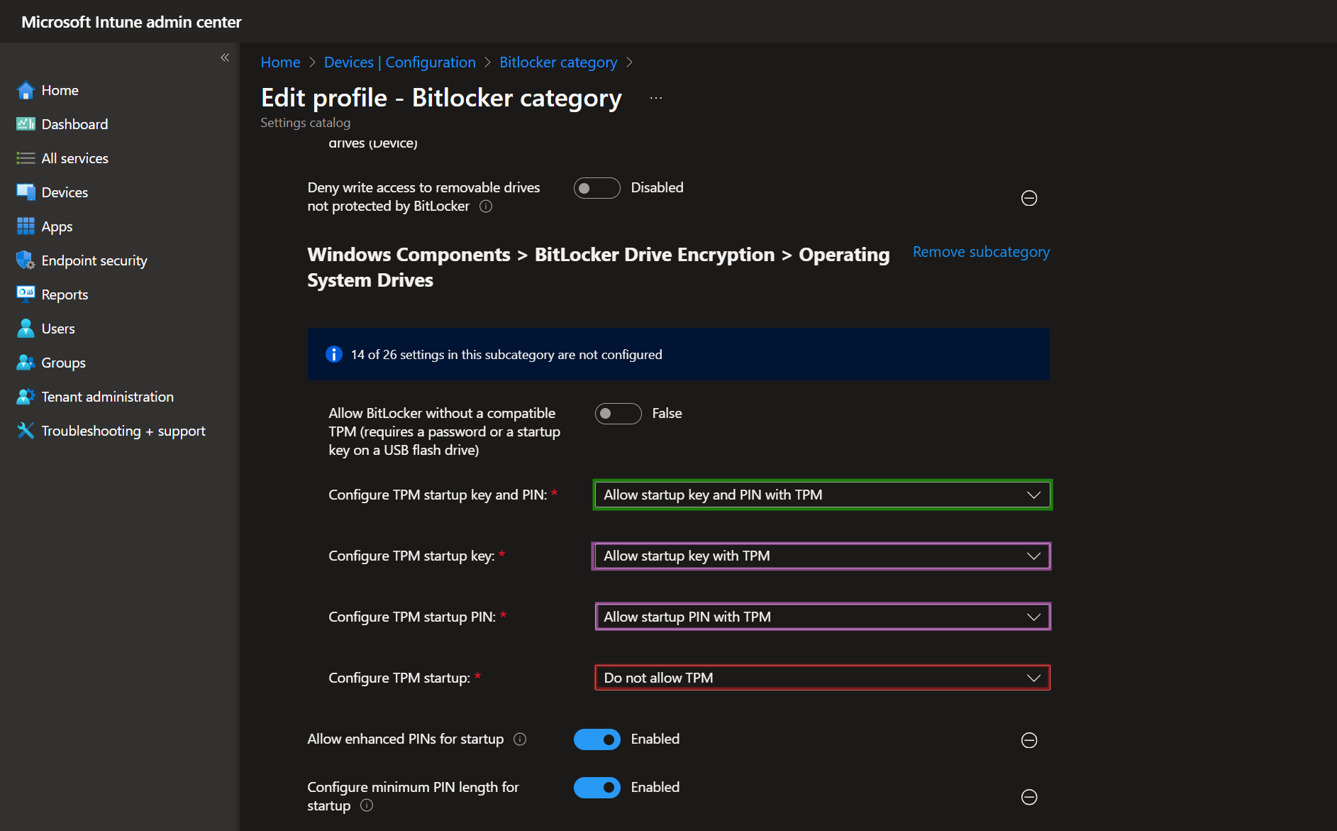 Secure Bitlocker key protector policies in Intune portal