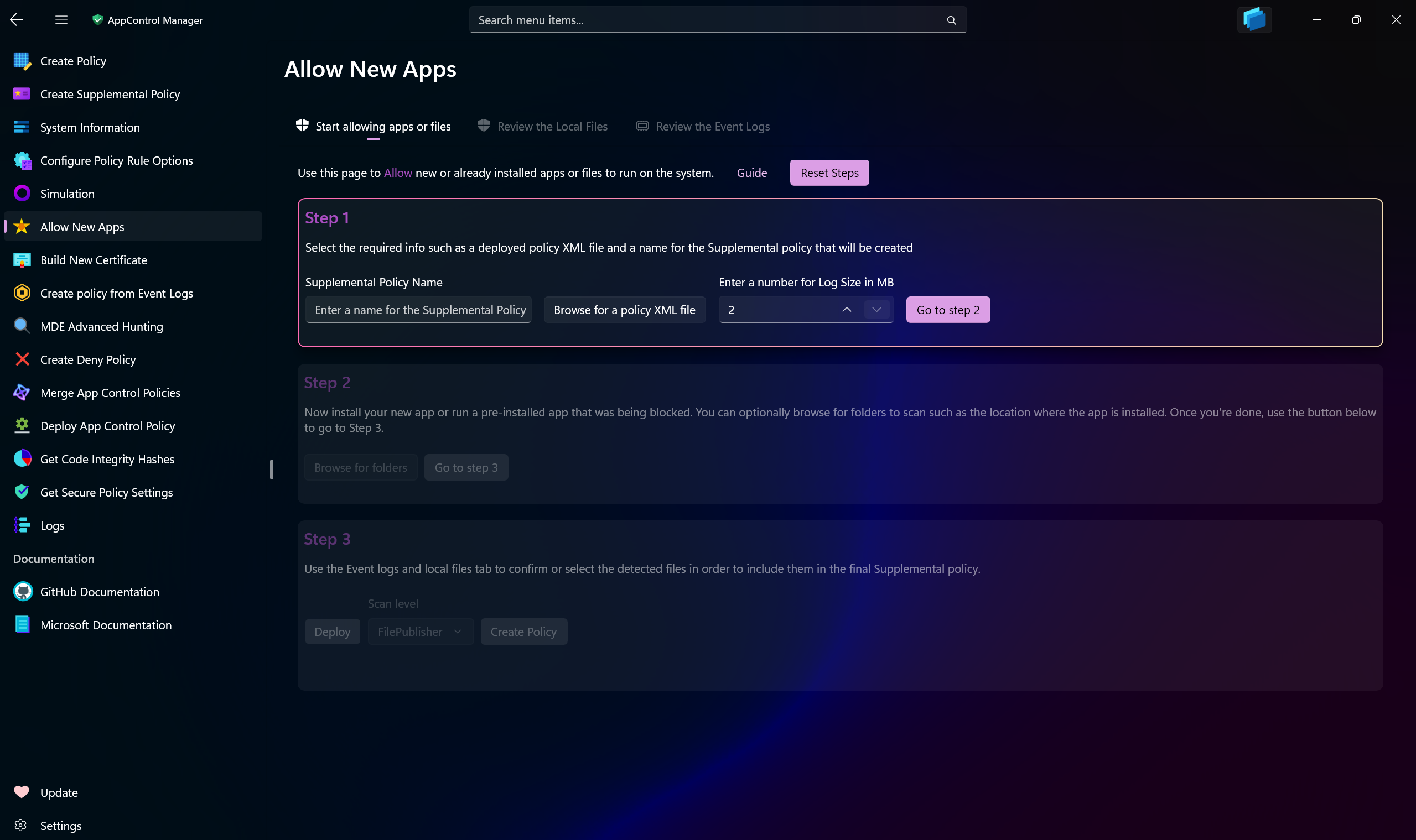 AppControl Manager Application's Allow New Apps Page