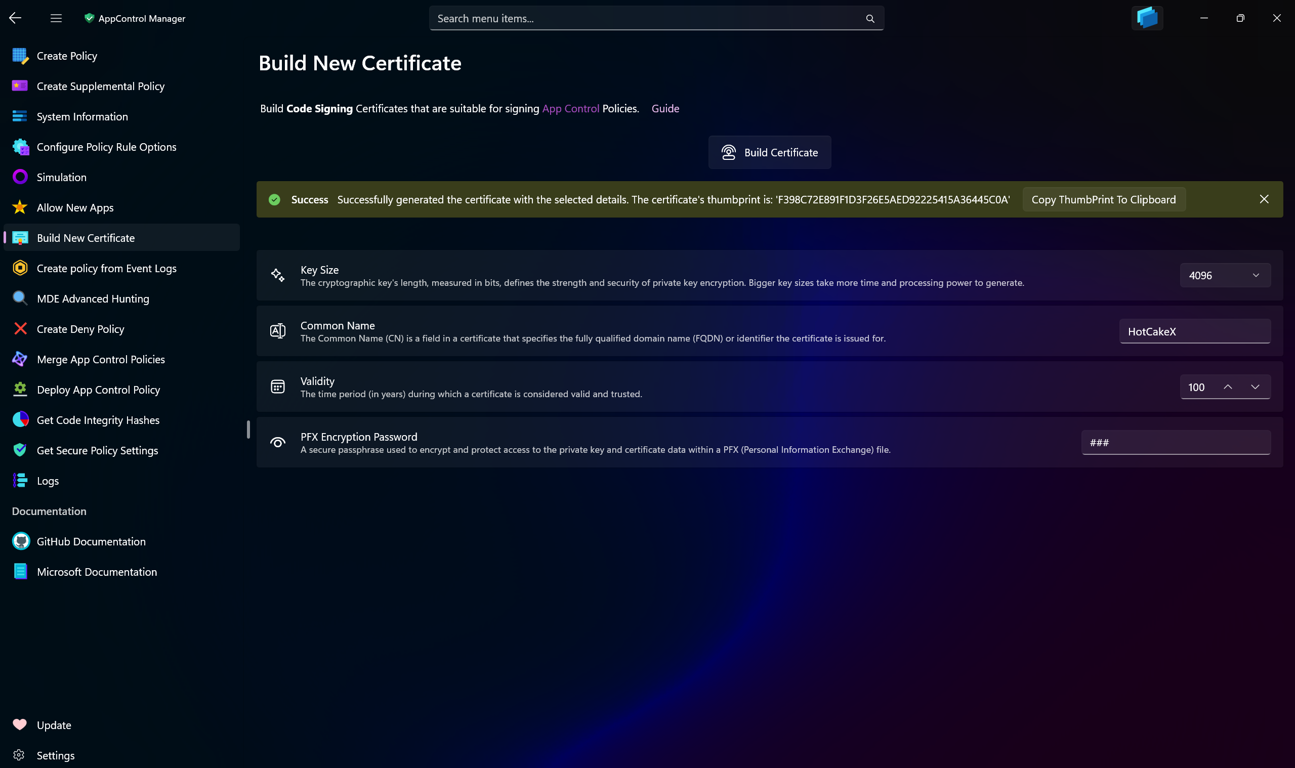 AppControl Manager Application's Build New Certificate Page