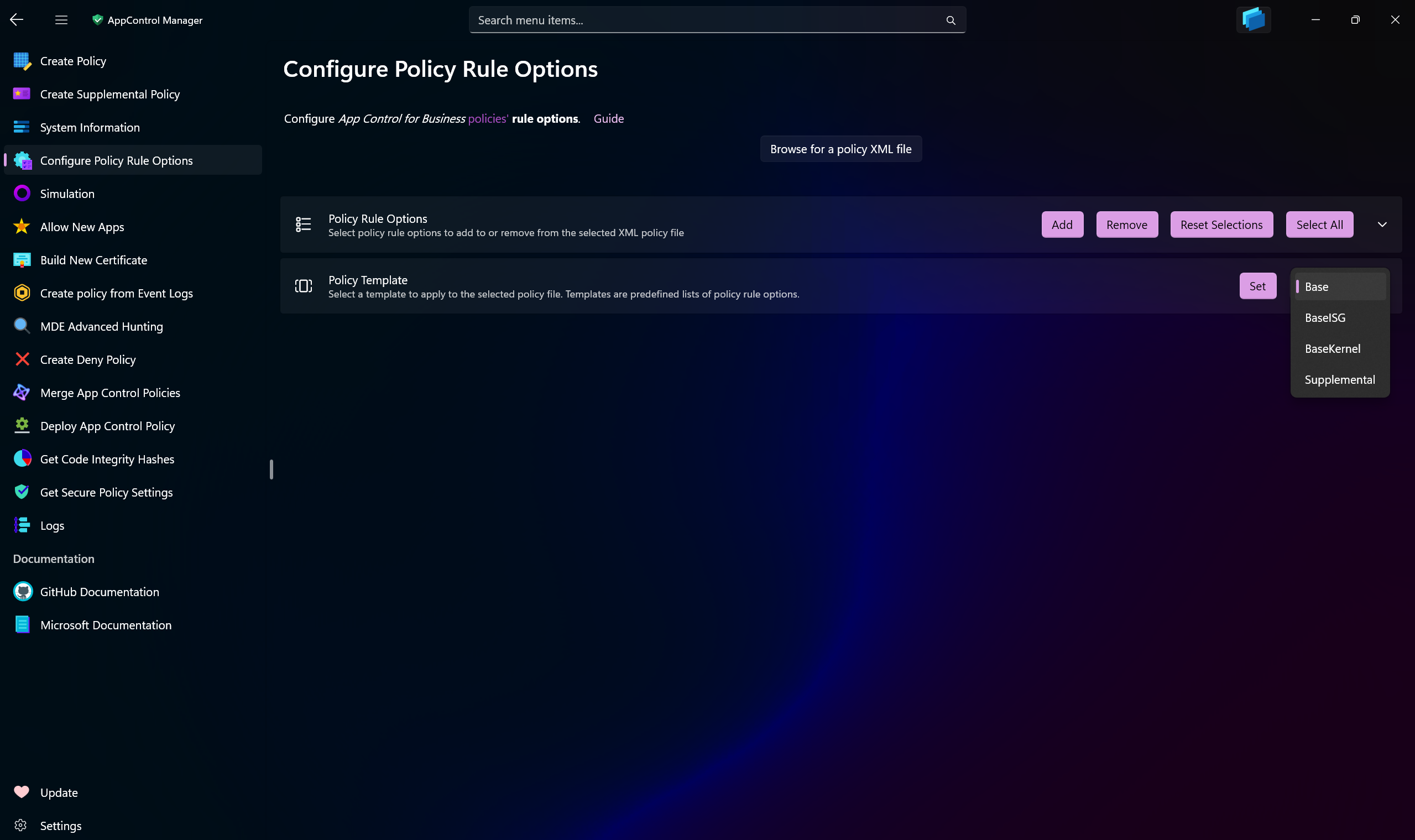 AppControl Manager Application's Configure Policy Rule Options Page