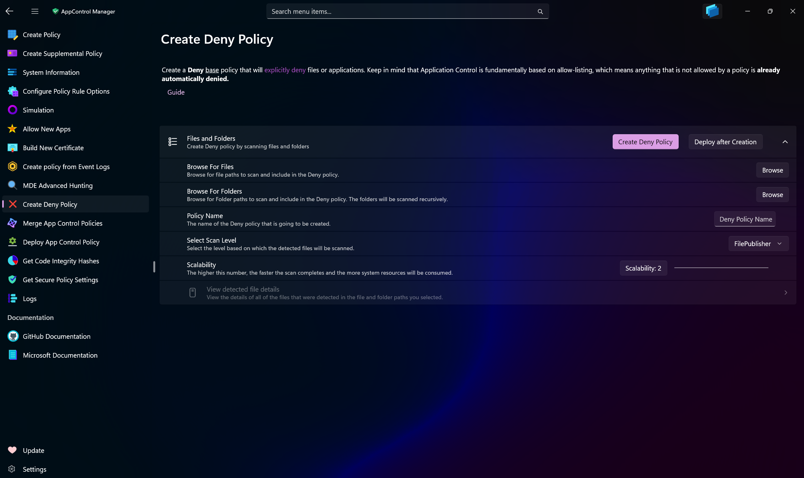 AppControl Manager Application's Create Deny Policy Page