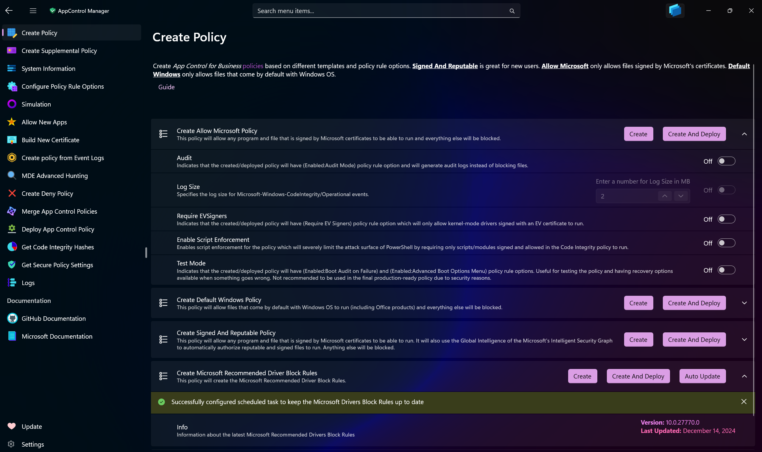 AppControl Manager Application's Create App Control Policy Page