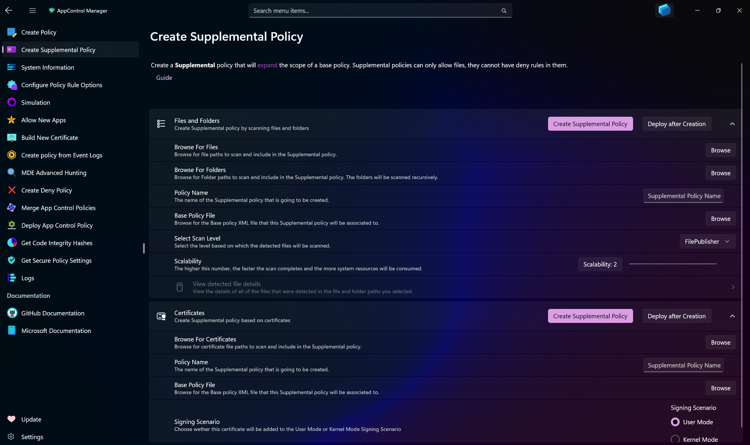 AppControl Manager Application's Create Supplemental App Control Policy Page