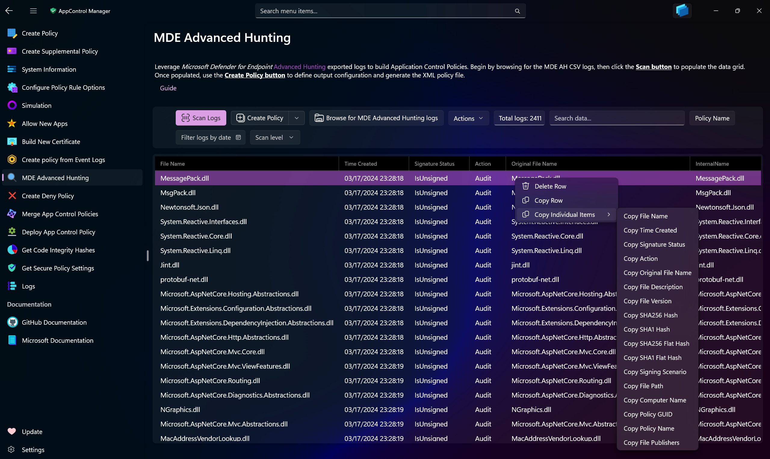 AppControl Manager Application's Create Policy From MDE Advanced Hunting Page