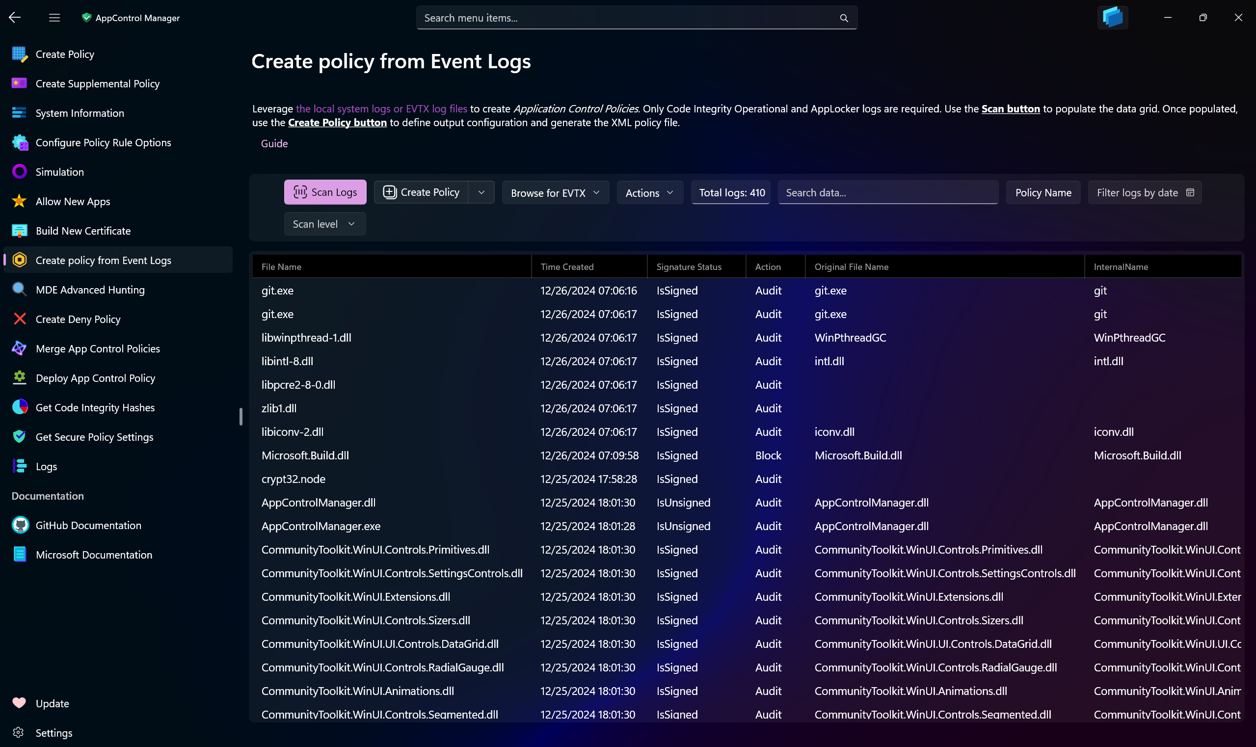 AppControl Manager Application's Create Policy From Event Logs Page