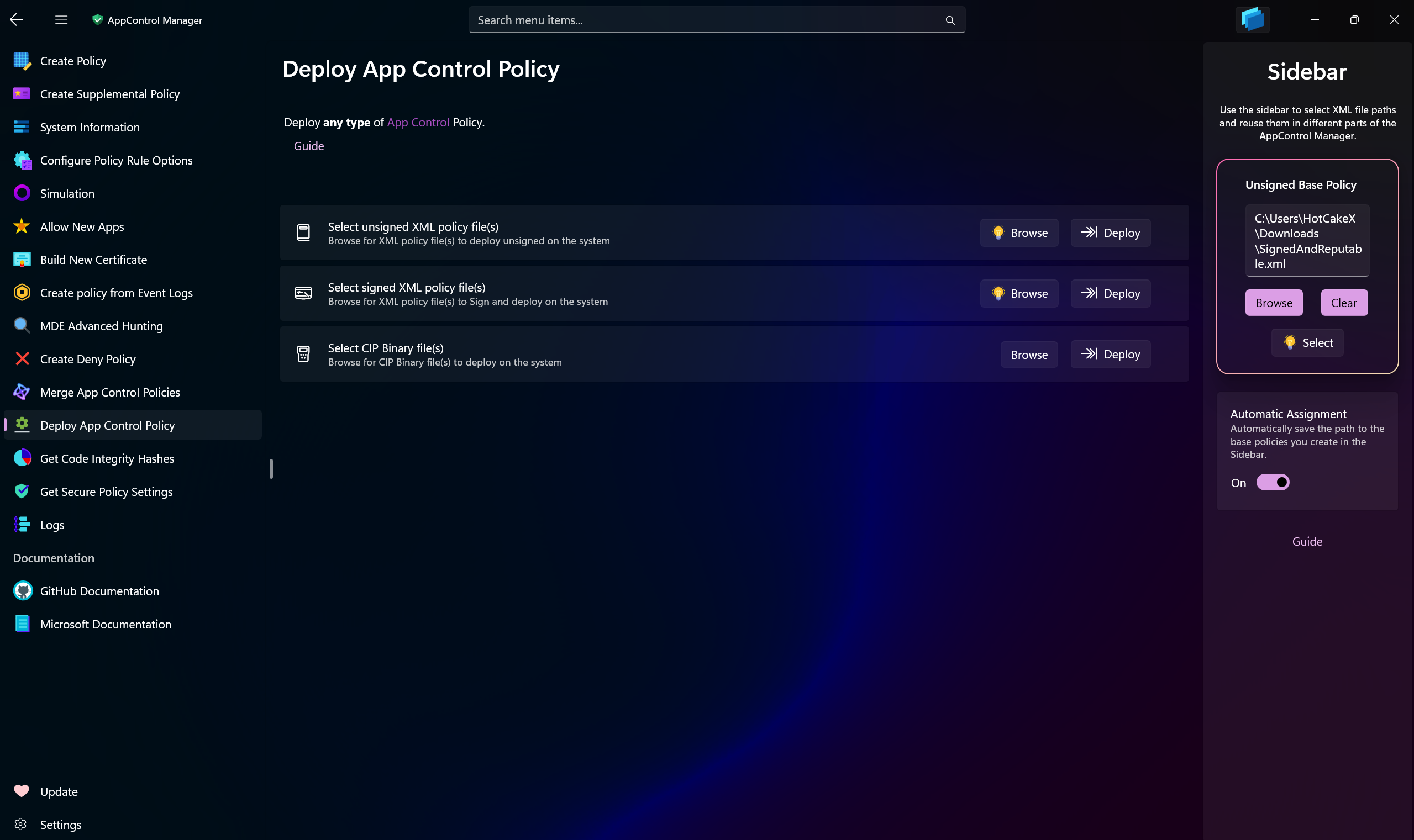 AppControl Manager Application's Deploy App Control Policy Page