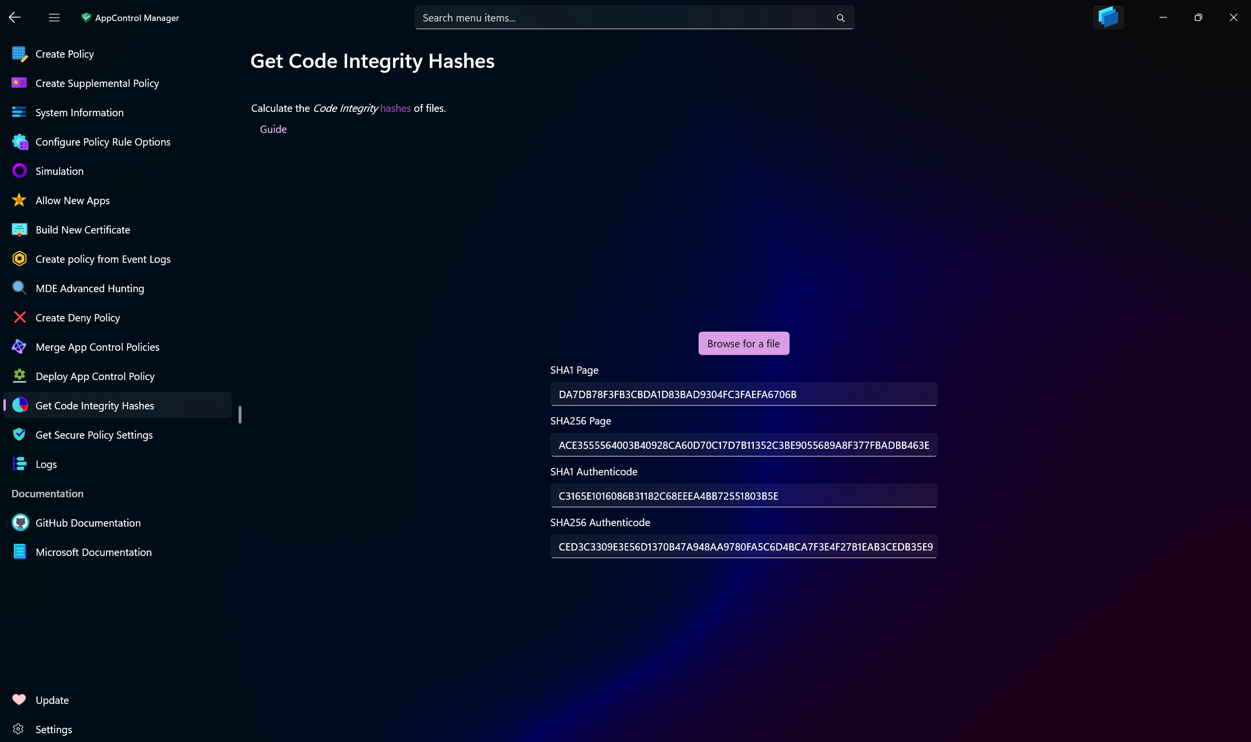 AppControl Manager Application's Get Code Integrity Hashes Page