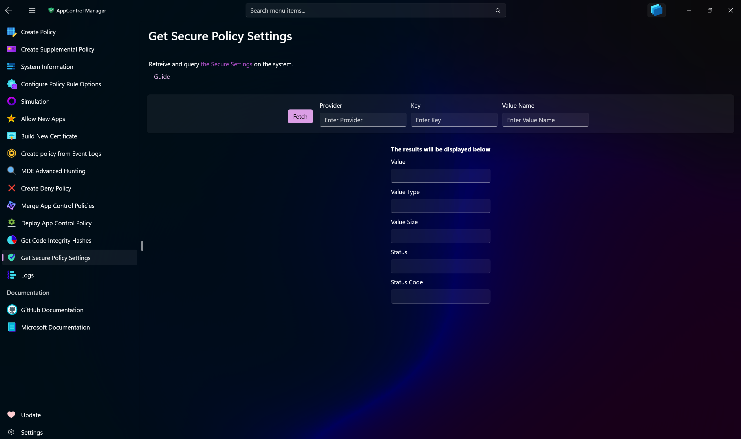 AppControl Manager Application's Get Secure Policy Settings Page