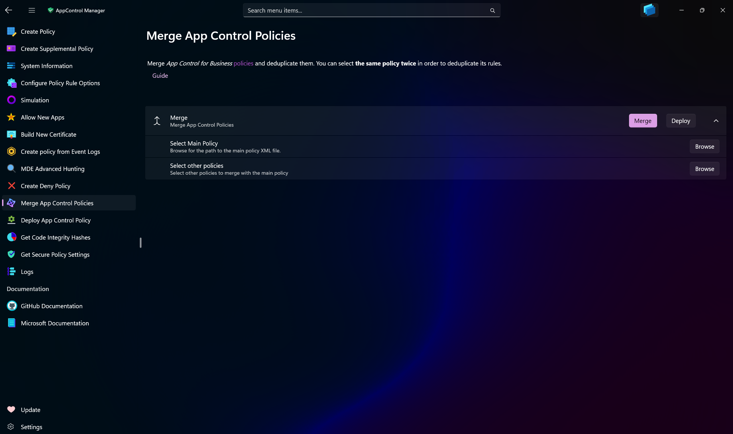 AppControl Manager Application's Merge App Control Policies Page