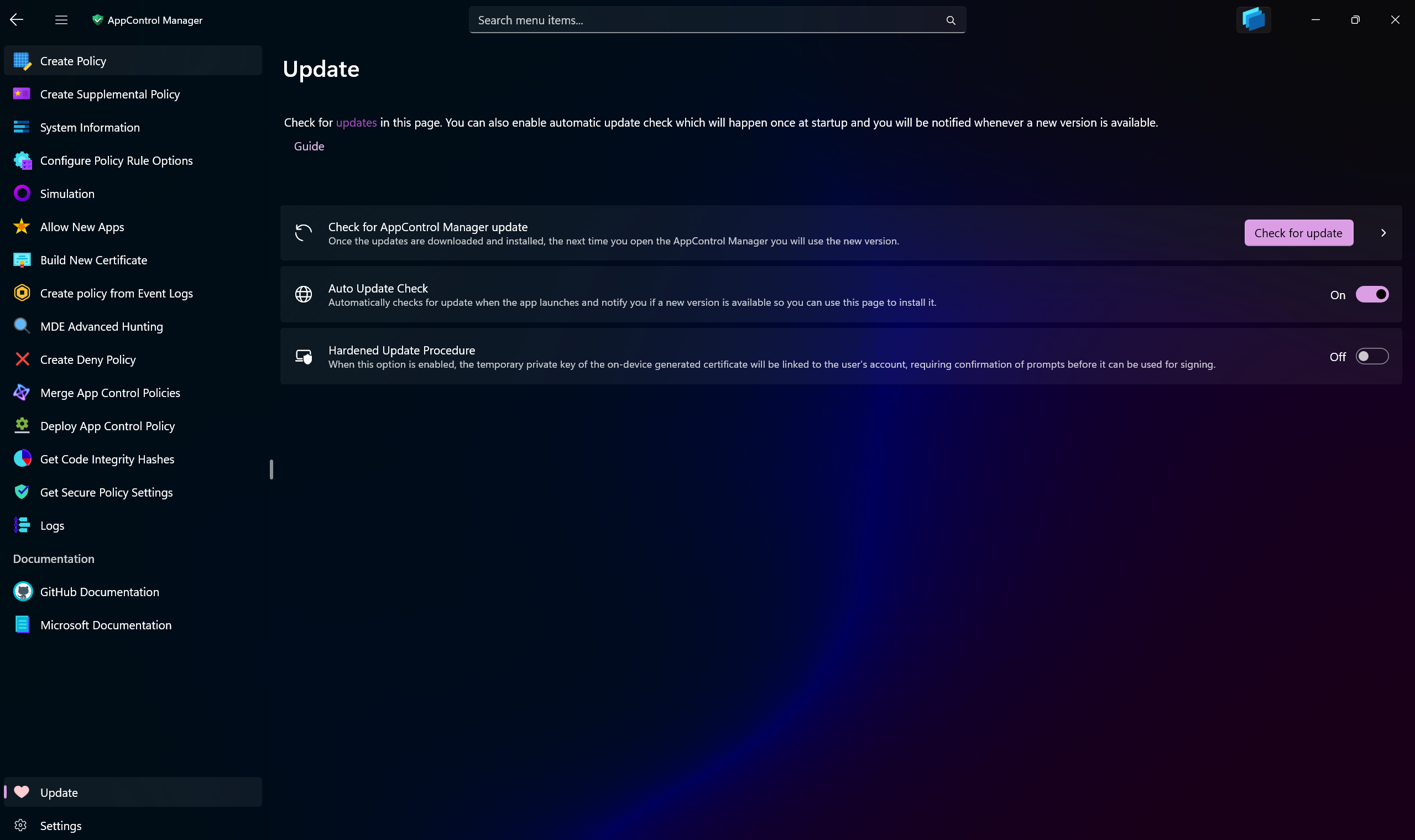 AppControl Manager Application's Update Page