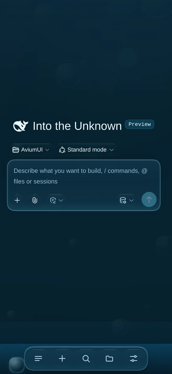 The same phone view in the dark scheme: deep water, bioluminescent bubbles and a cyan-rimmed composer