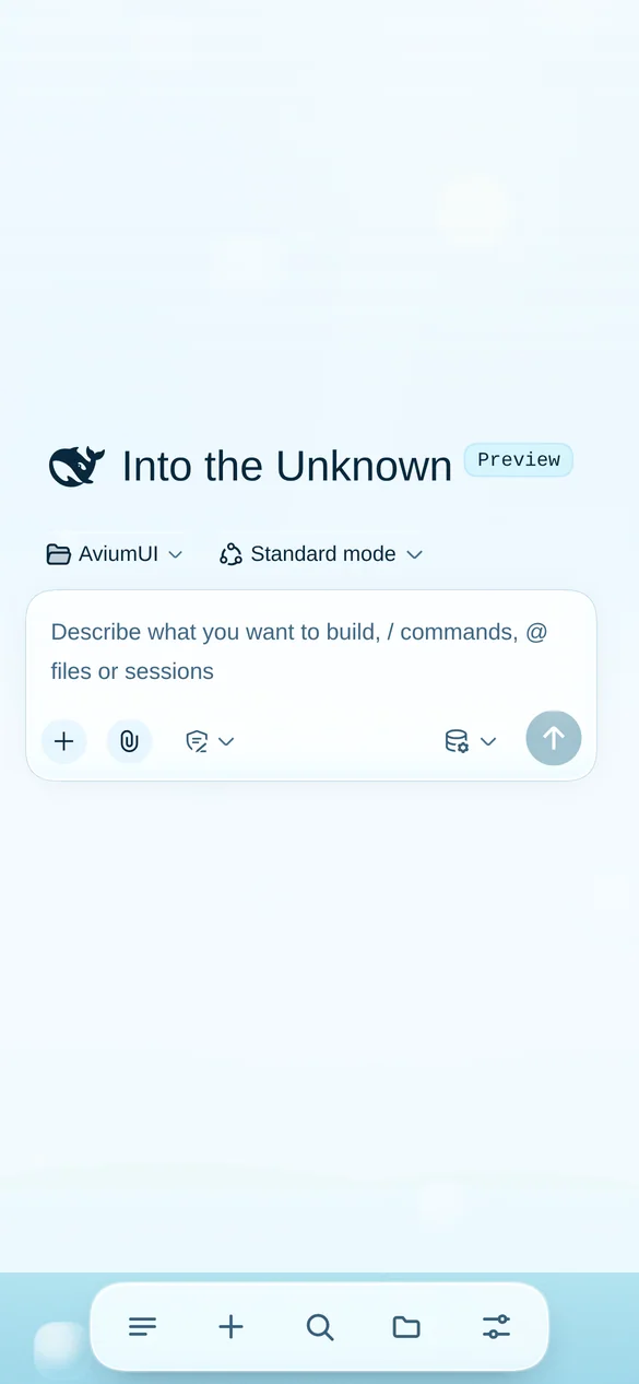 The dsh chat on a phone: frosted glass composer, glass to-do bar and a floating glass dock over a sky-and-water wallpaper