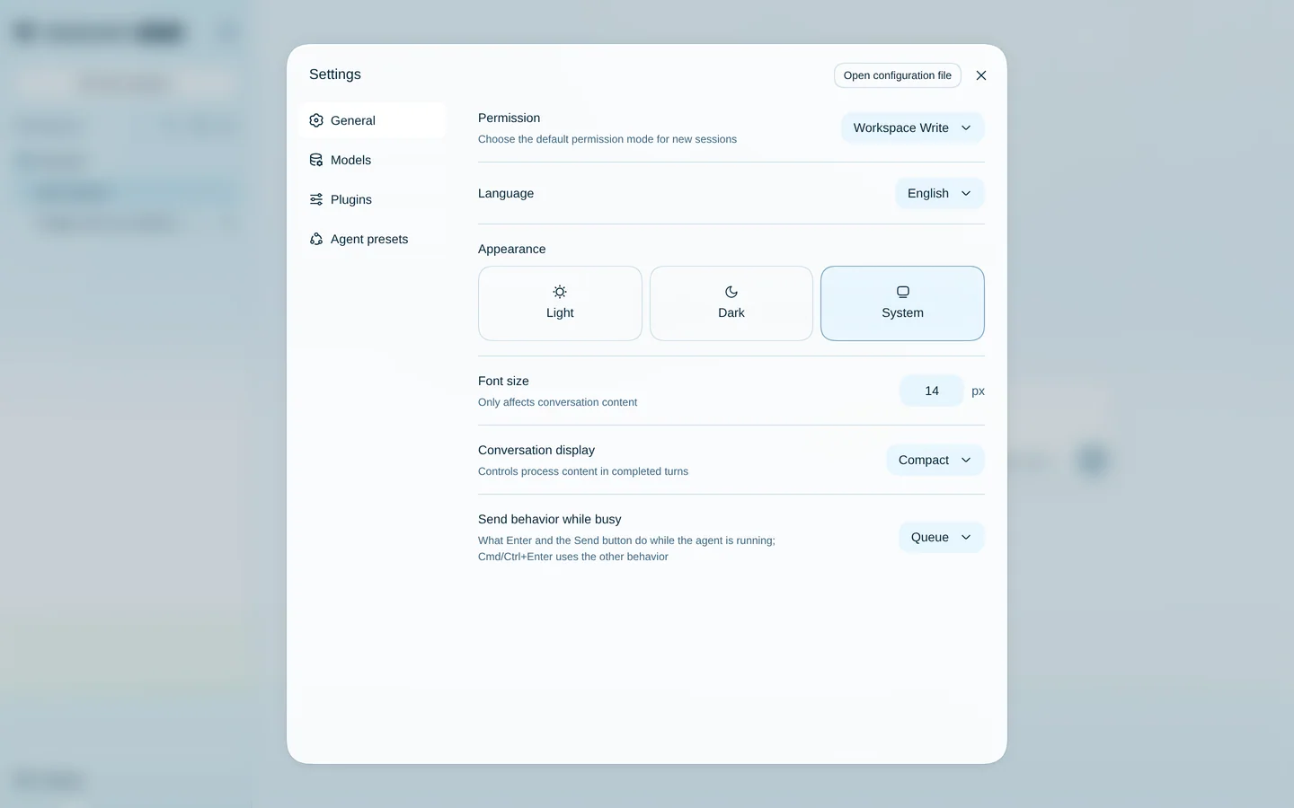 The settings dialog as a large frosted pane over a dimmed, blurred app
