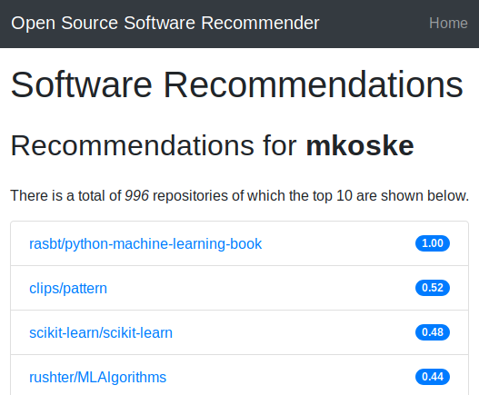 A screenshot of web-UI for Recommender