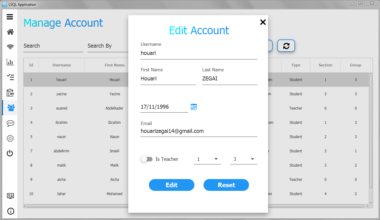 screenshot of manage account