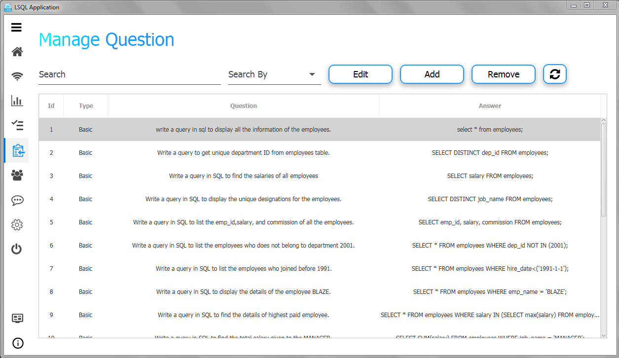 screenshot of manage question