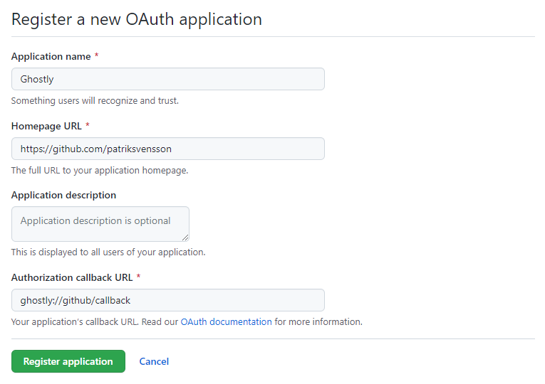 Register OAUTH appplication