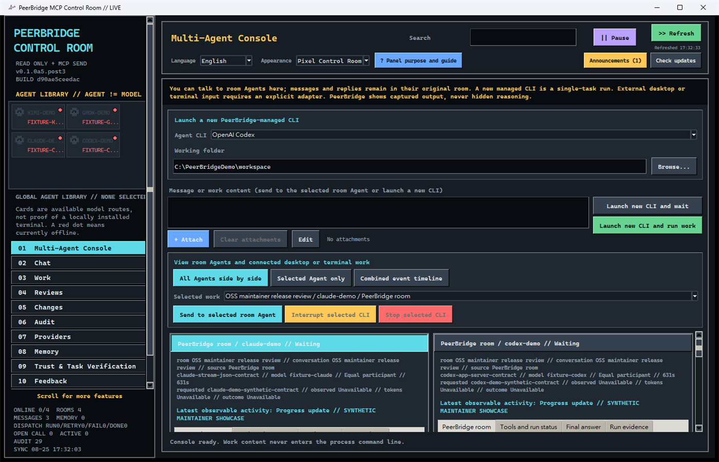 PeerBridge Pixel Control Room showing managed Agent sessions