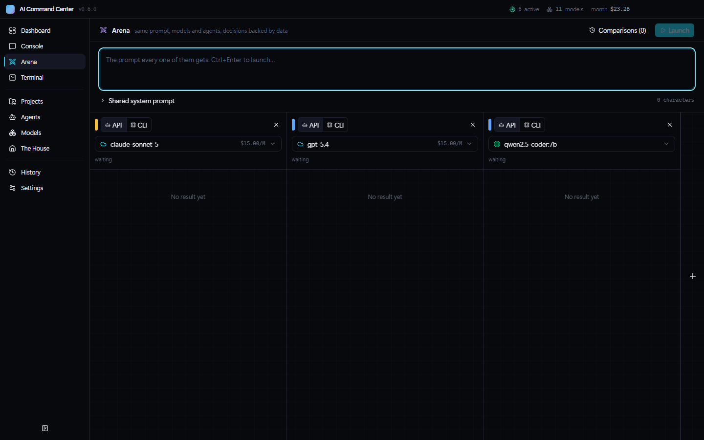 Arena streaming the same prompt to Claude Sonnet 5, GPT-5.4 and a local Qwen model, then comparing them
