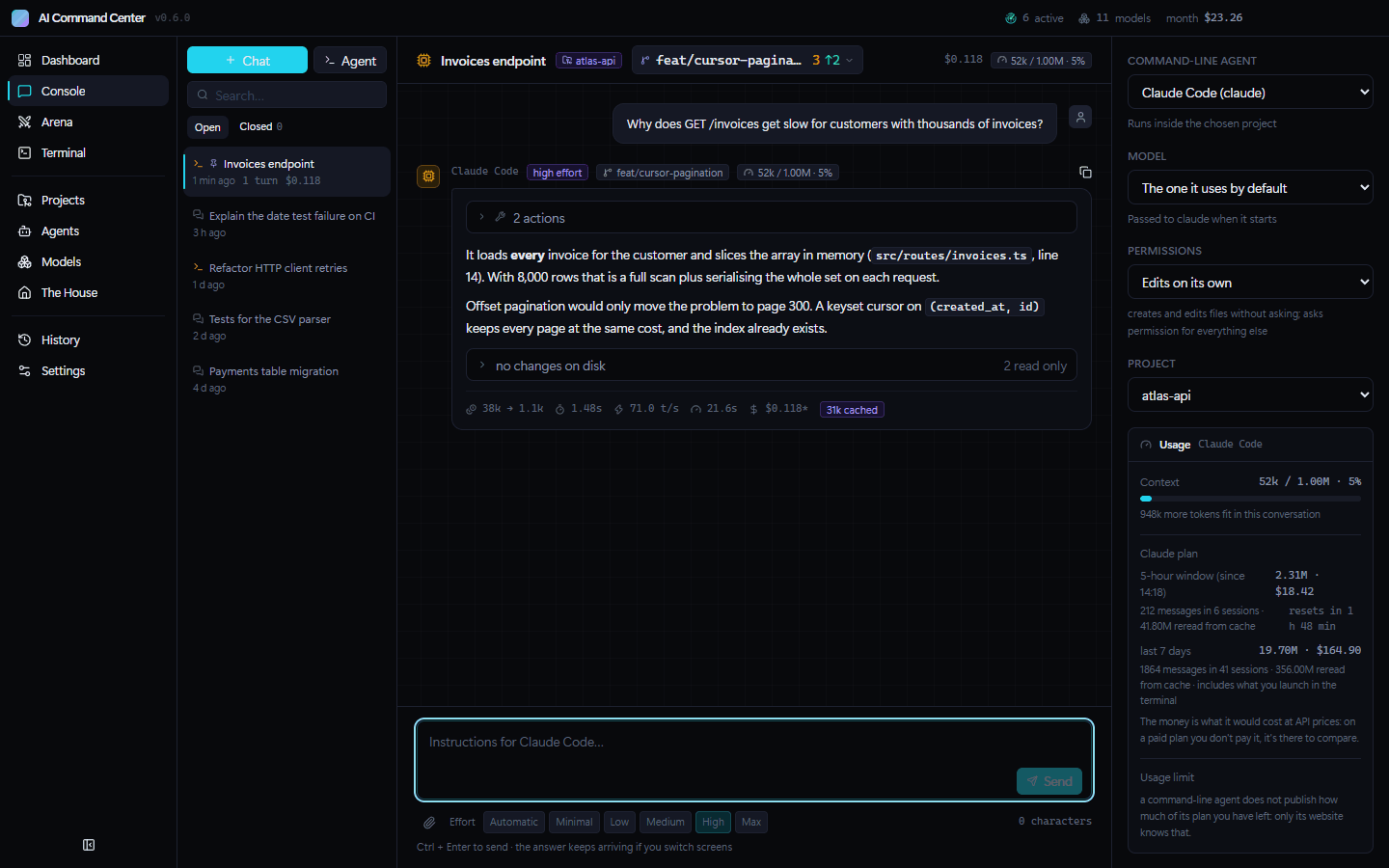 Claude Code working inside AI Command Center: every tool call as it happens, the lines it changes, the files it touched and the live context and cost