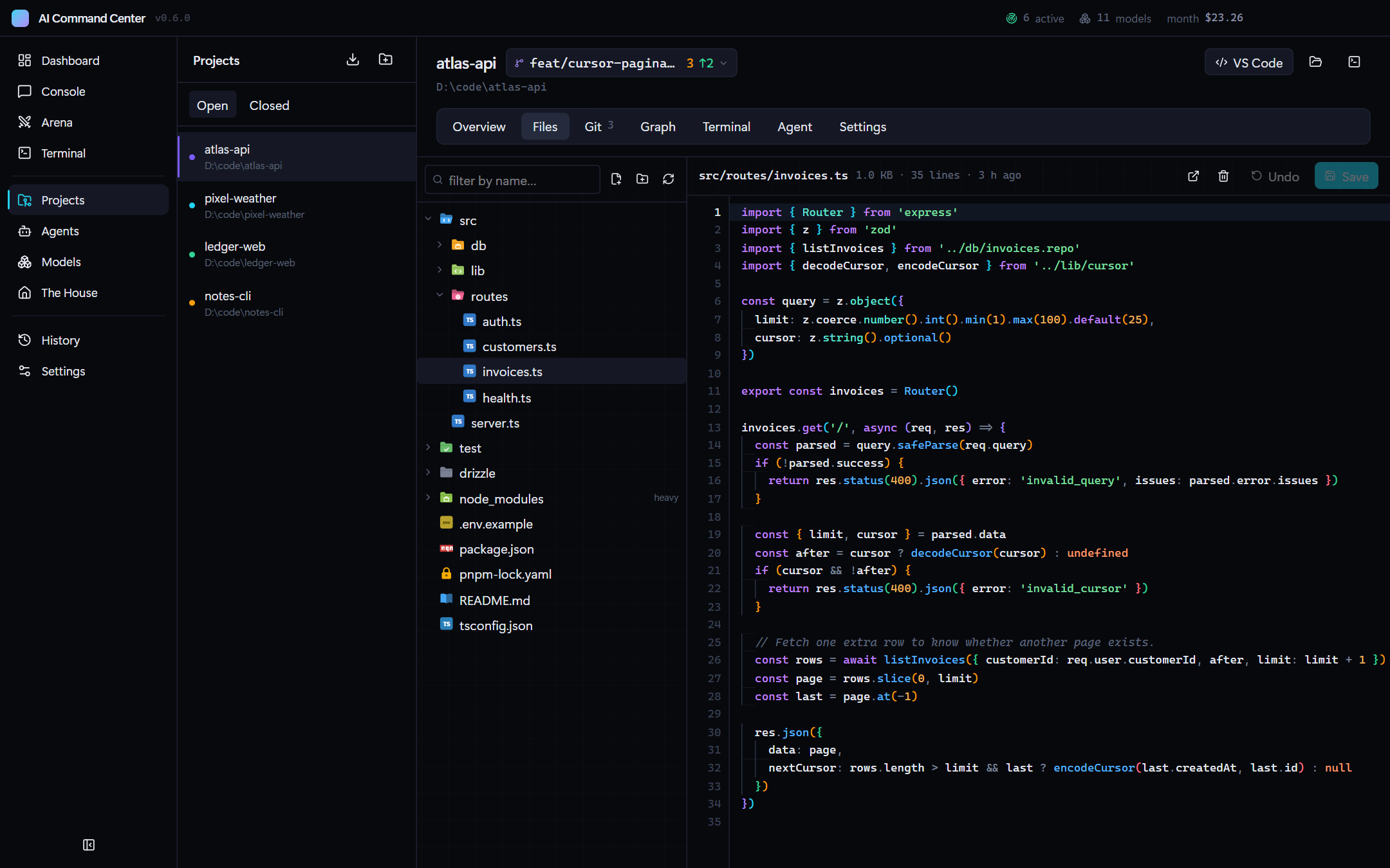 Project file tree and the built-in editor with syntax highlighting and indentation guides