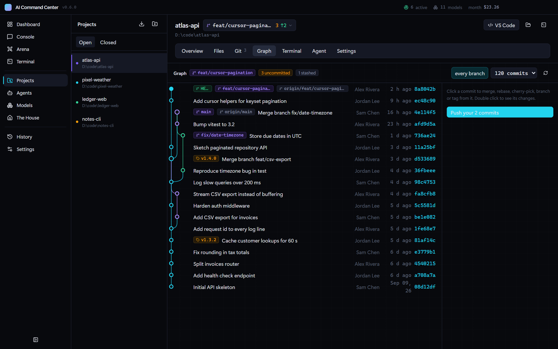 Commit graph with branches, merges, tags and remote branches