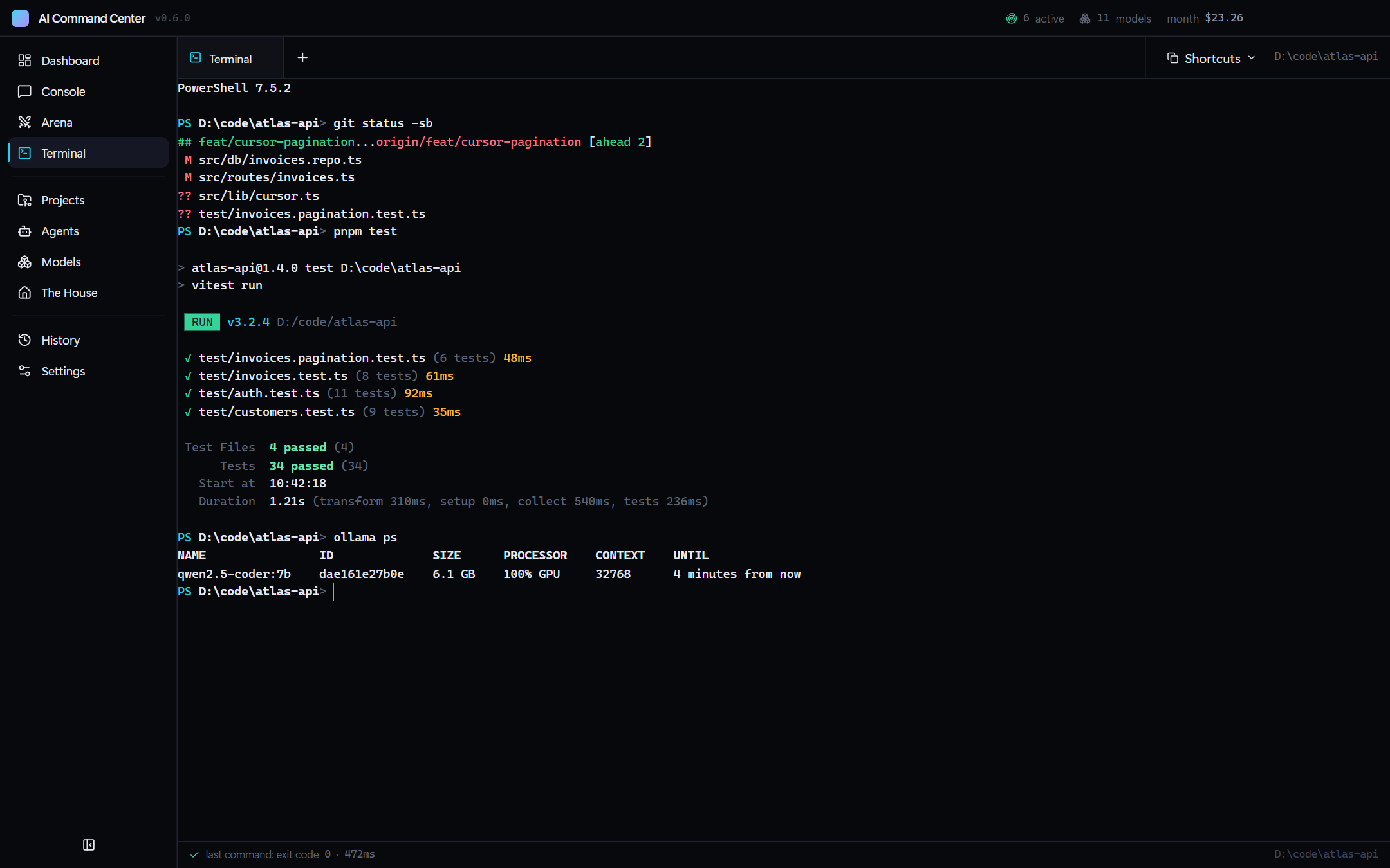 Built-in terminal running git status, the test suite and ollama ps with full colour