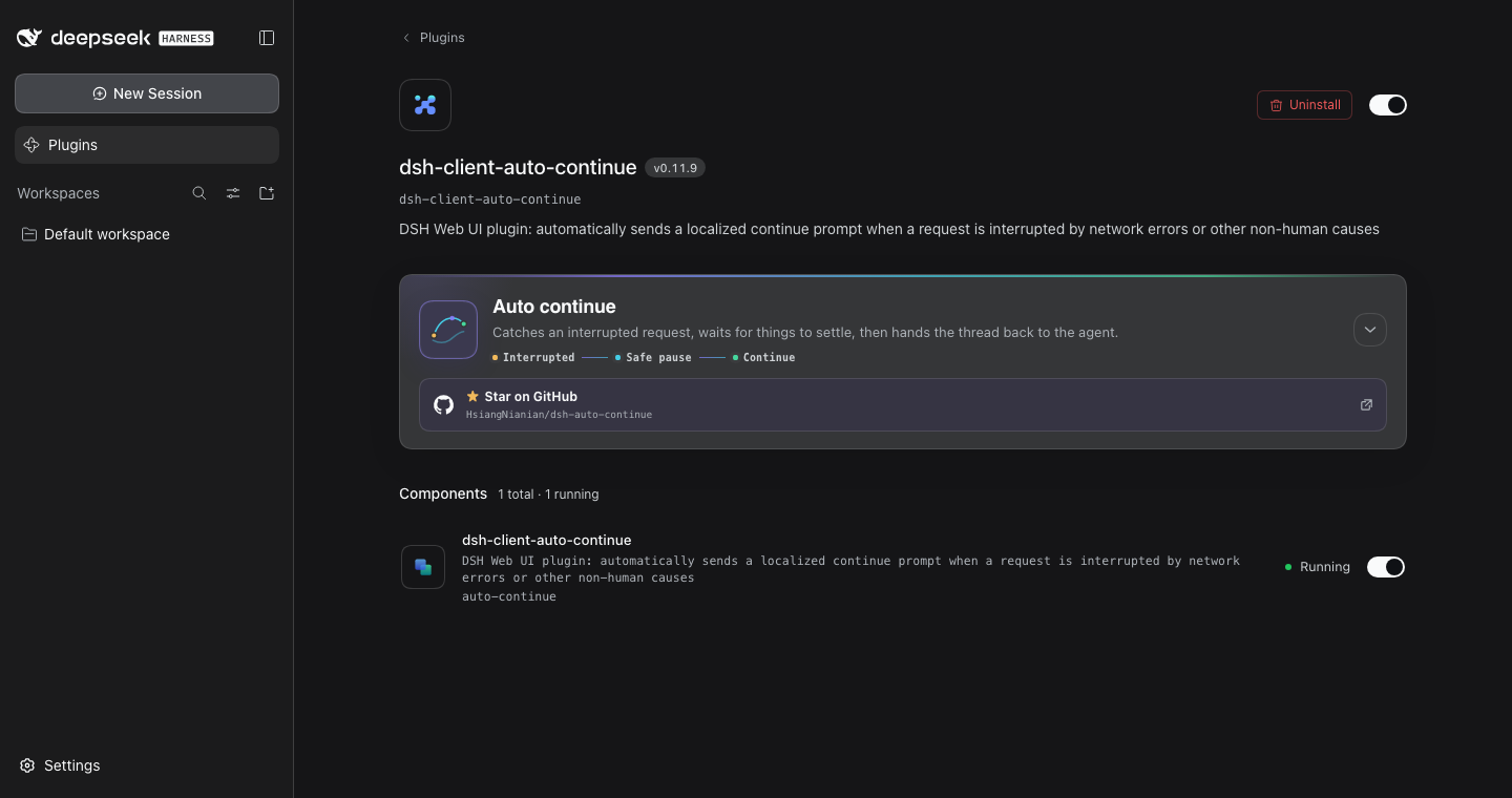 DSH 0.1.7 Plugins page with the Auto continue card collapsed